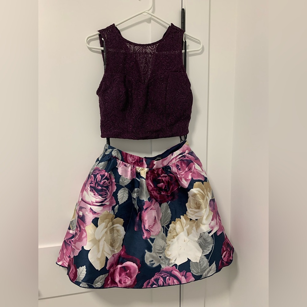 Two Piece Dress Floral holiday floral purple + blue mini skirt
